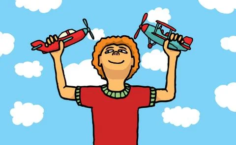 Boy playing with toy planes Stock Illustration