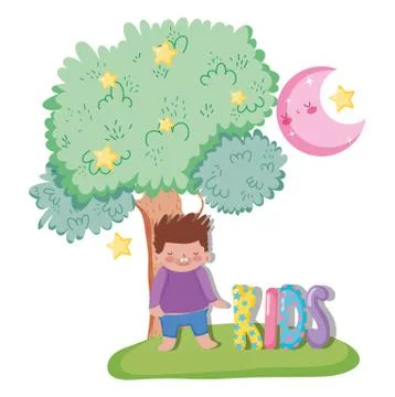 Boy playing with tree and moon with stars Ilustração Stock