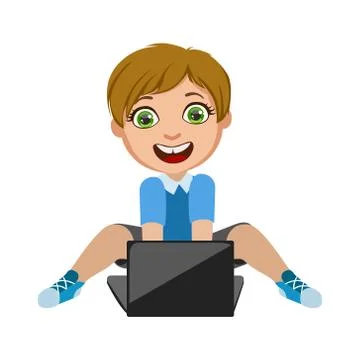 Boy Playing Video Games On Lap Top, Part Of Kids And Modern Gadgets Series Of Stock Illustration