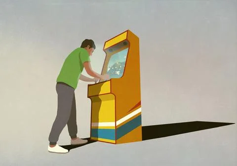 Boy playing video games at retro machine Stock Illustration