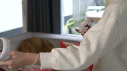 Boy playing with VR goggles slow-motion 2 Stock Footage 146289829