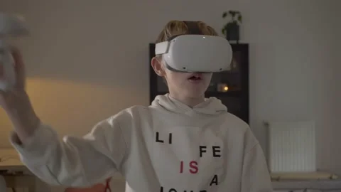 Boy playing with VR goggles swordfight Stock Footage 146288896