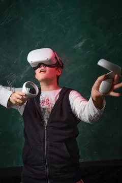 A boy playing with VR headset Foto stock
