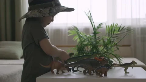 A boy plays with dinosaur figurines on the table. The little explorer in the  Stock Footage 147672672