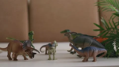 A boy plays with dinosaur figurines on the table. The little explorer in the  Stock Footage 147672818