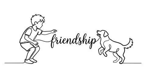 A boy plays with a dog, the drawing is made with lines Stock Illustration