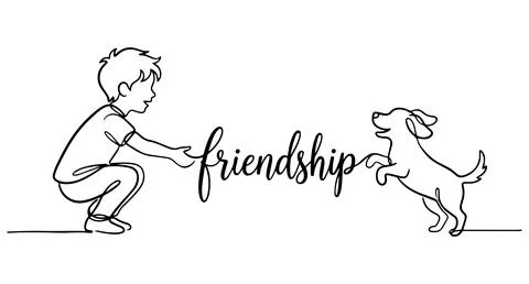 A boy plays with a dog, the drawing is made with lines Stock Illustration