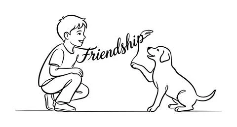 A boy plays with a dog, the drawing is made with lines Stock Illustration