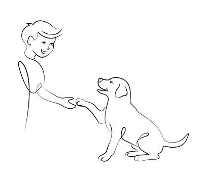 A boy plays with a dog, the drawing is made with lines of different thicknesses Stock Illustration