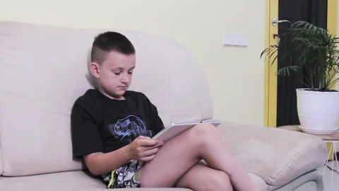 Boy plays a game on a tablet, a white fluffy rabbit jumps on the sofa. Green bus Stock Footage 200256407