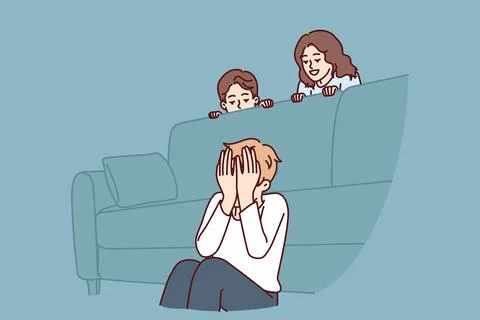 Boy plays hide and seek with friends sitting near sofa and waiting for other Illustrazione stock