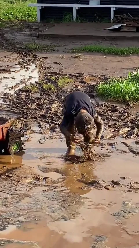 Boy Plays in Mud Puddle, Chile - 09 Aug 2023 Stock Footage 256826167