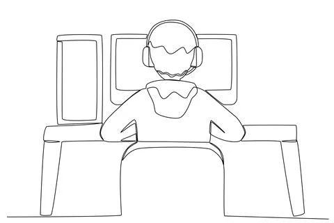 A boy plays online games with a set of computer devices Stock Illustration