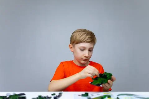 A boy plays with a plastic constructor Stock Photos