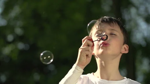 The Boy Plays with Soap Bubbles in Park Stock-Footage 62911138
