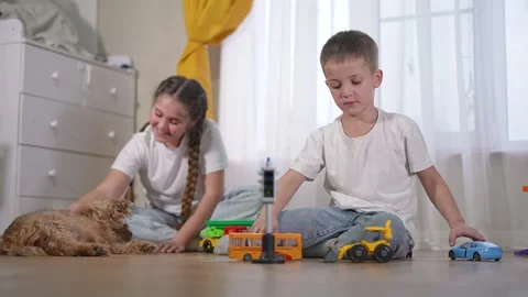 Boy plays toy car on floor. Girl strokes puppy beside him. Child touches blue Stock Footage 320113801