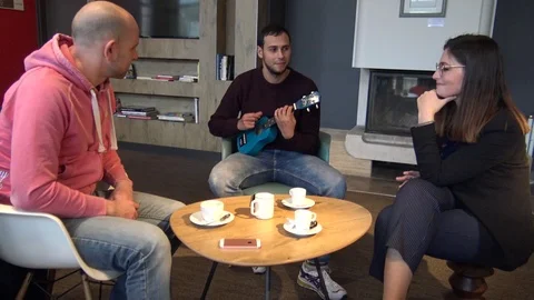 Boy Plays Ukulele For His Friends Stock Footage 123513053