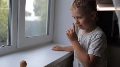 Boy plays with walnut on house Stock Footage 130909766
