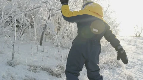 A boy plays in winter knocking snow from the trees on a sunny frosty day. Stock Footage 294348197