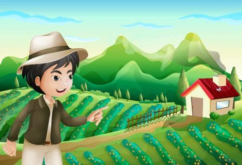 A boy pointing at the barnhouse at the farm Stock Illustration