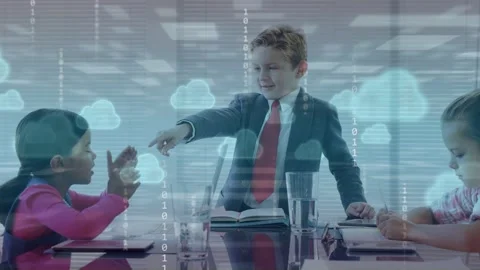 Boy pointing starting business left girl hiding right girl tapping tablet cloud Stock Footage 334466495