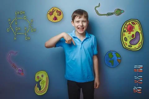 Boy points his finger down and laughing joy fun icons biology ed Stock Photos