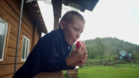 A boy on the porch of a house eats a watermelon. Stock Footage 261451036