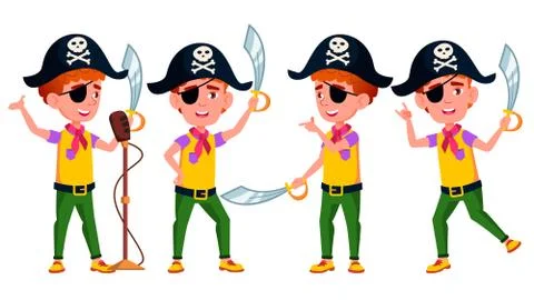 Boy Poses Set Vector. Public Performance. Pirate, Saber, Skull. For 스톡 일러스트