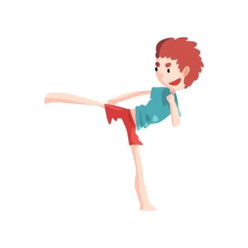 Boy practicing capoeira movement, kid character doing combat element of martial Illustrazione stock
