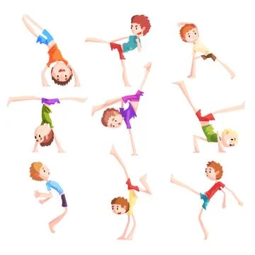 Boy practicing capoeira movements set, kid characters doing combat elements of イラスト素材