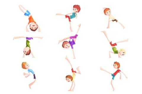 Boy practicing capoeira movements set, kid characters doing combat elements of Stock Illustration