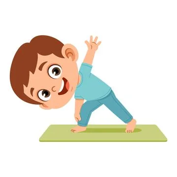 Boy Practicing Kids Yoga Triangle Pose Flat Illustration Stock Illustration