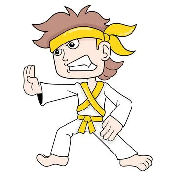 Boy practicing martial arts hitting movement, doodle icon image kawaii Stock Illustration