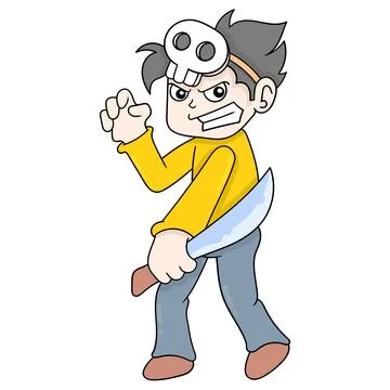 Boy is practicing martial arts using a knife, doodle icon image kawaii Stock Illustration