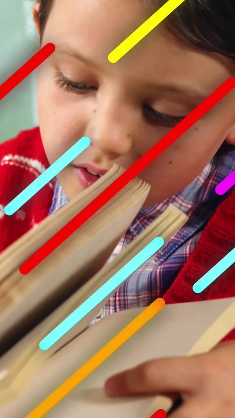 Boy practicing reading for education, hand initiating page turning, color Stock Footage 331030571