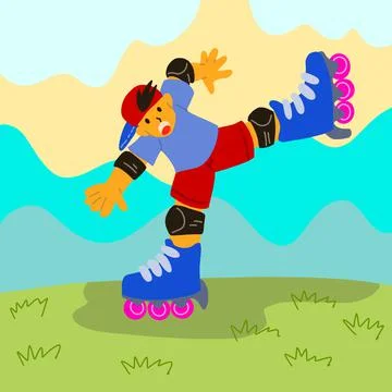 Boy is practicing roller skating in the field, concept illustration image Stock-Illustration
