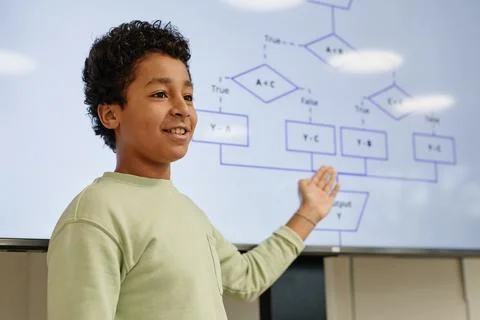 Boy Presenting in Coding Class Stock Photos