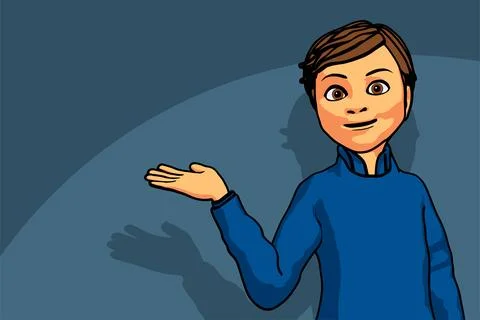 Boy presenting copy space pointing with hand cartoon simple style drawing Ilustración de archivo