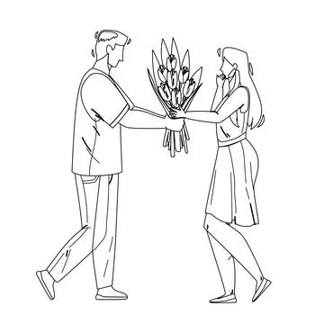 Boy Presenting Flowers To Girl With Love Vector Stock Illustration