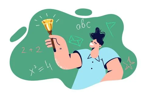 Boy primary school student, stands near chalkboard with bell and calls for start Stock Illustration