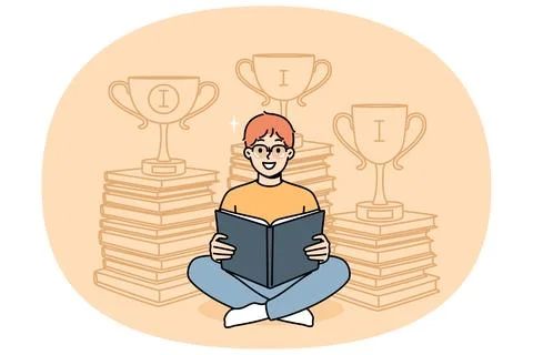 Boy prodigy elementary school student holding laptop, sitting near stacks of Stock Illustration