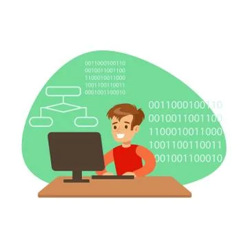 Boy Programmer Coding, Kid Doing Computer Science Research Dreaming Of Becoming Stock Illustration