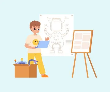 Boy programming and development robot. Robotics project in school or work shop Illustrazione stock