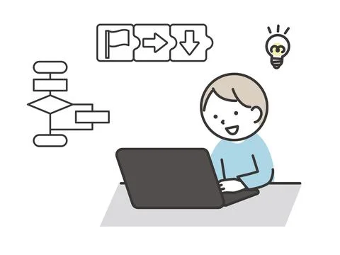 Boy Programming on a Laptop. Cute and Simple Illustration of a Child Learni.. Illustrazione stock