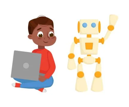 Boy Programming Smart Robot, Electronics Education, High Tech Hardware 스톡 일러스트