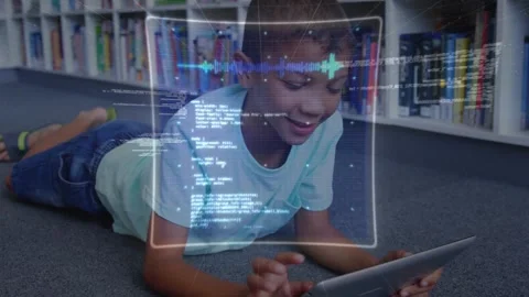 Boy propping on elbows scanning tablet and generating data charts code waveforms Stock Footage 317185308