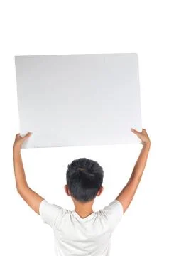 Boy protests hold empty blank sign with copy space Stock Photos