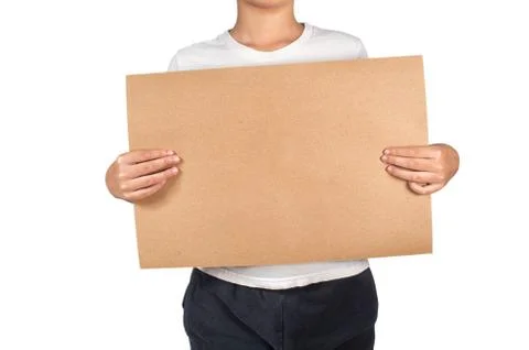 Boy protests hold empty blank sign with copy space Foto stock