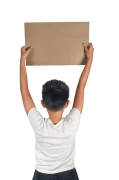 Boy protests hold empty blank sign with copy space Stock Photos