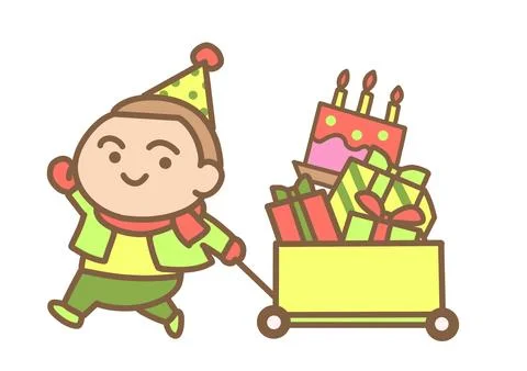 A boy pulling a cart full of gifts Stock Illustration